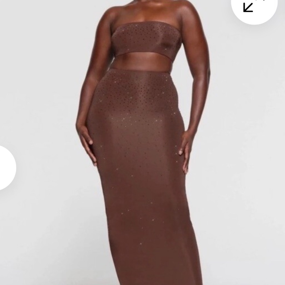 NWT SKIMS SWAROVSKI Crystal JELLY SHEER TUBE SKIRT Crop Top Bra Cocoa Small Set